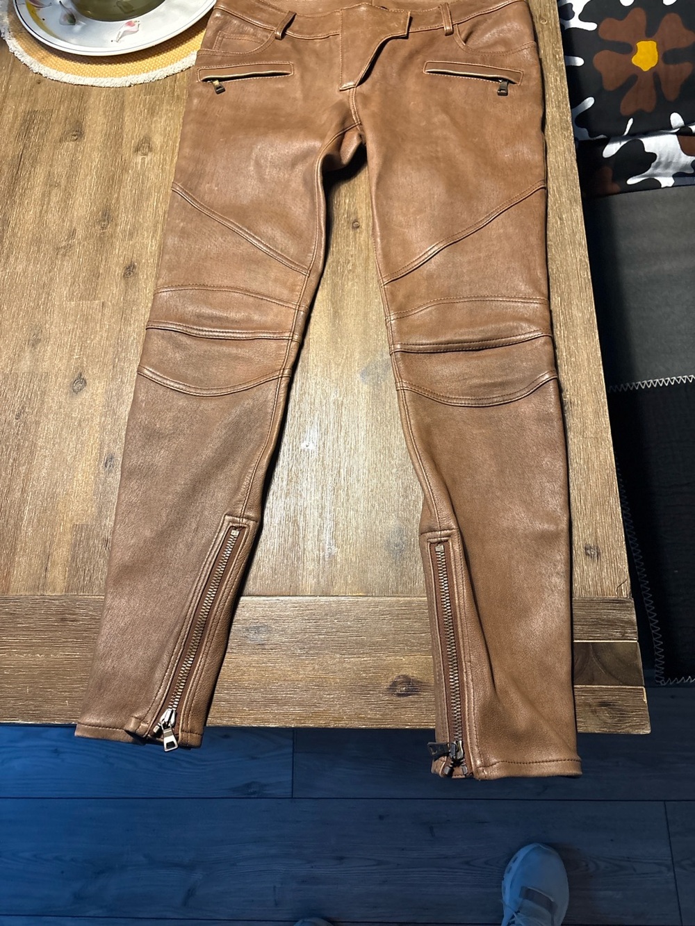Balmain Tan Leather Skinny Moto Pants with Ankle Zippers